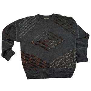 Magnet Vtg 90s Crewneck Sweater Mens grandpa Gray Geometric Textured Knit sz M